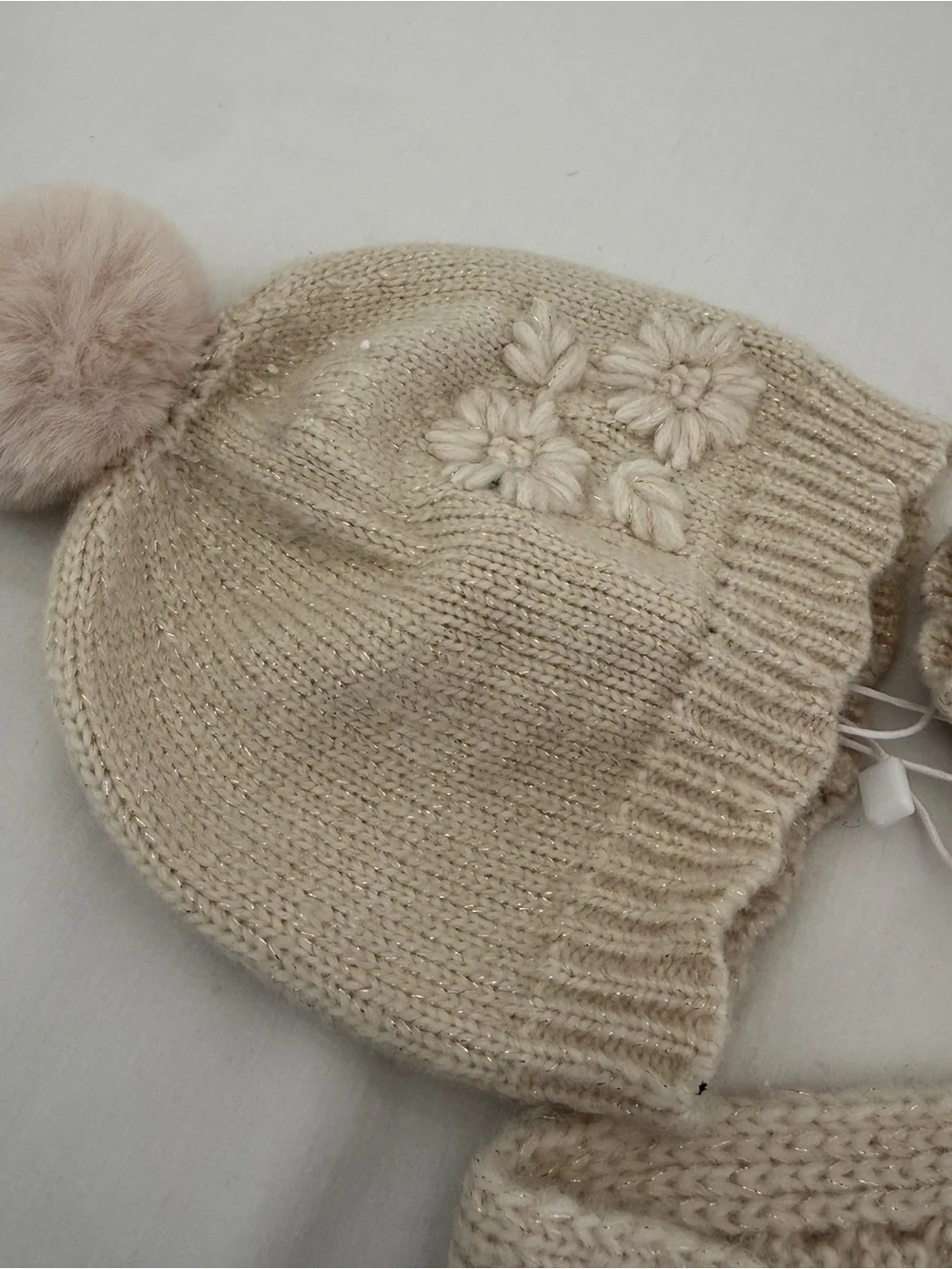 Mayoral Cream Knit Pom-Pom Hat, Mittens & Twisted Headband Set
